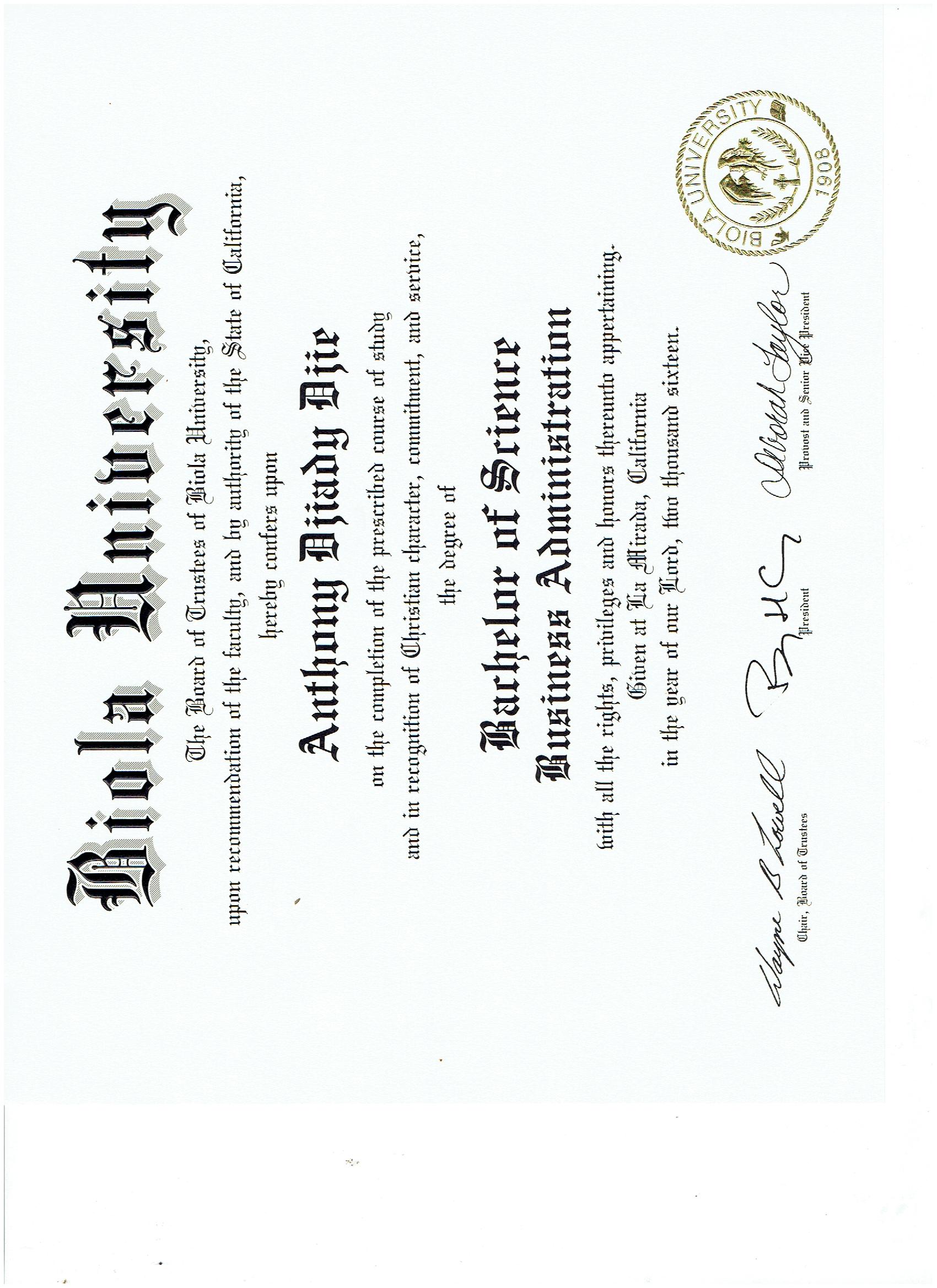 Biola University Bachelor Certificate